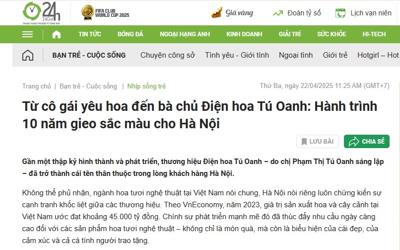 [Báo 24H] – Từ cô gái yêu hoa đến bà chủ Điện hoa Tú Oanh: Hành trình 10 năm gieo sắc màu cho Hà Nội
