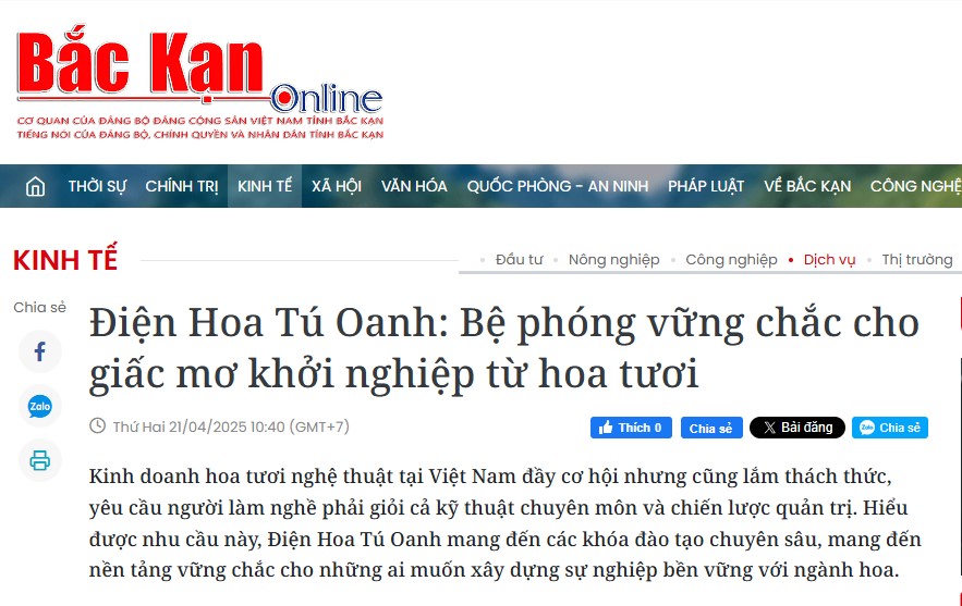 [Báo Bắc Kạn] – Điện Hoa Tú Oanh: Bệ phóng vững chắc cho giấc mơ khởi nghiệp từ hoa tươi