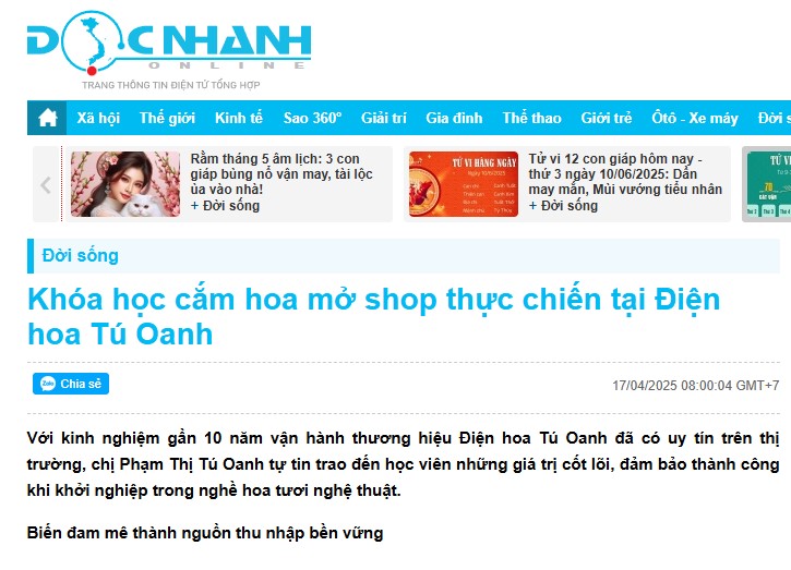 [Báo Docnhanh.vn] – Khóa học cắm hoa mở shop thực chiến tại Điện hoa Tú Oanh