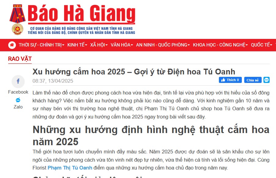 [Báo Hà Giang] – Xu hướng cắm hoa 2025 – Gợi ý từ Điện hoa Tú Oanh