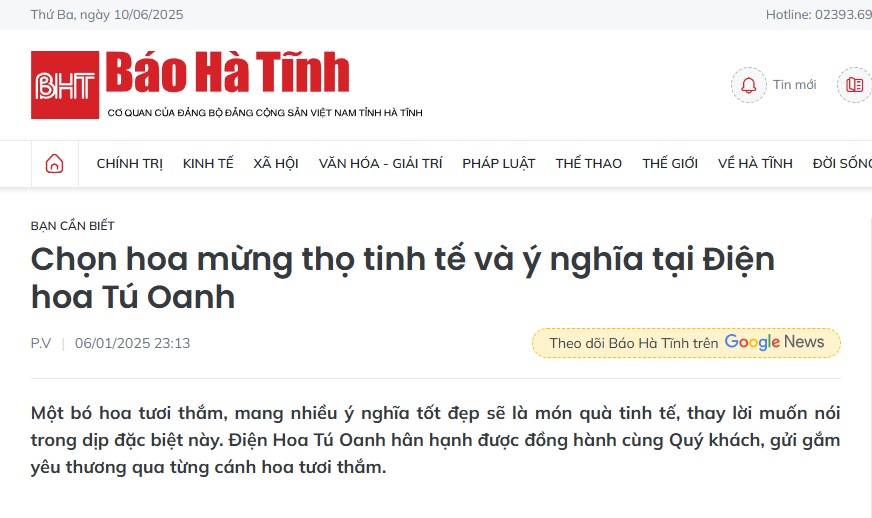 [Báo Hà Tĩnh] – Chọn hoa mừng thọ tinh tế và ý nghĩa tại Điện hoa Tú Oanh