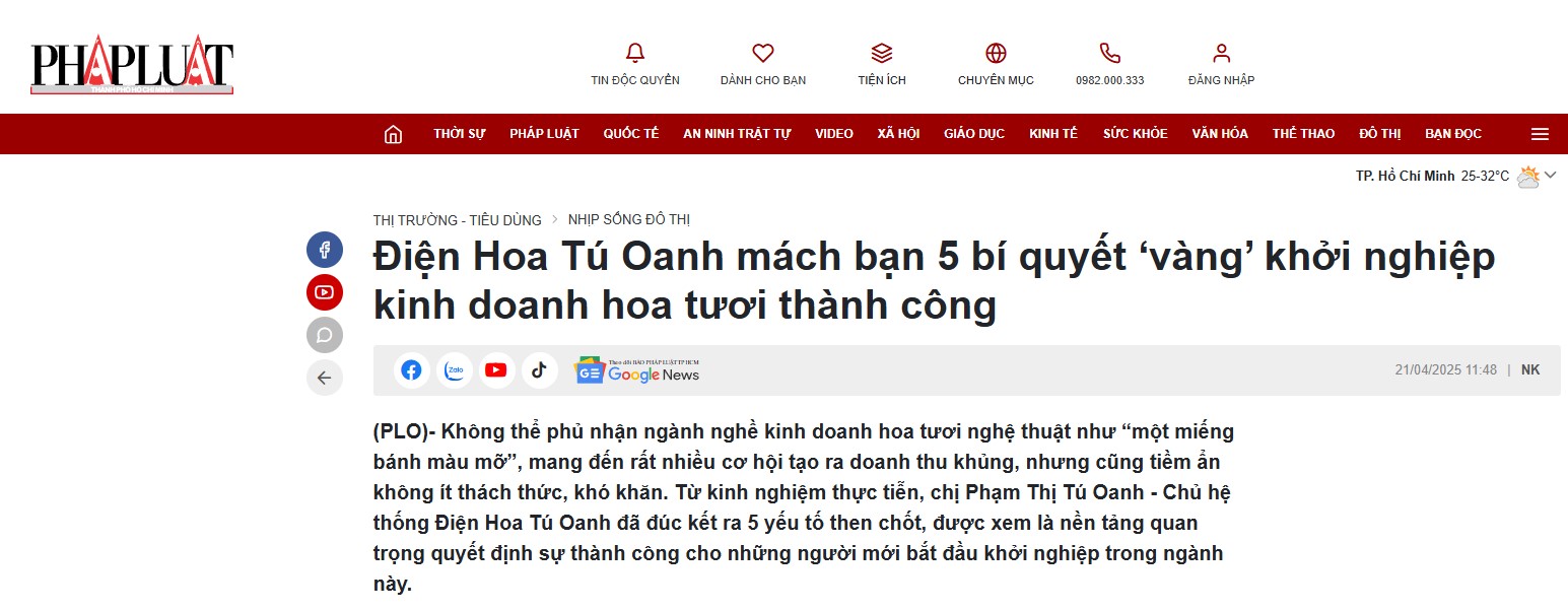 [Báo PLO] – Điện Hoa Tú Oanh mách bạn 5 bí quyết ‘vàng’ khởi nghiệp kinh doanh hoa tươi thành công