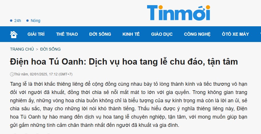 [Báo Tinmoi.vn] – Điện hoa Tú Oanh: Dịch vụ hoa tang lễ chu đáo, tận tâm