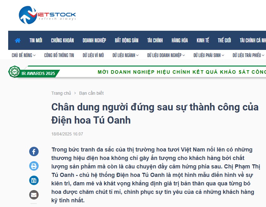 [Báo Vietstock] – Chân dung người đứng sau sự thành công của Điện hoa Tú Oanh