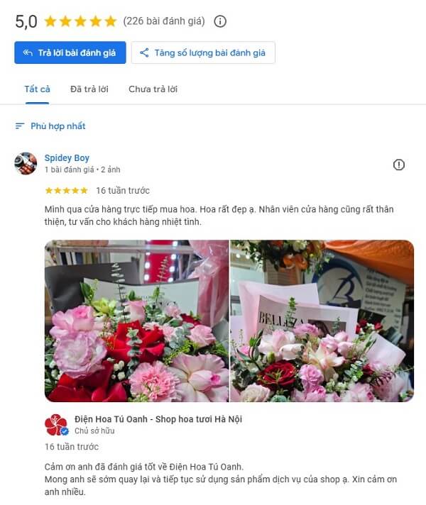 Đánh giá 5 sao Google Reviews của Điện Hoa Tú Oanh với hơn 200 nhận xét tích cực từ khách hàng