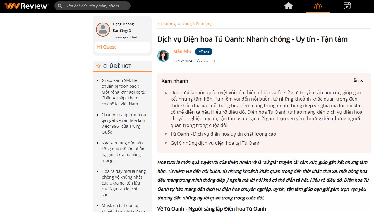 [Báo Vnreview] – Dịch vụ Điện hoa Tú Oanh: Nhanh chóng – Uy tín – Tận tâm